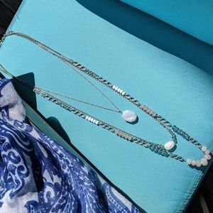 Ann Taylor LOFT 3 Strand Silver Necklace with White & Gray Stone Beads